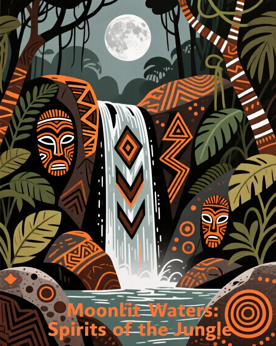 A hidden jungle waterfall lit by the pale silver light of the moon.