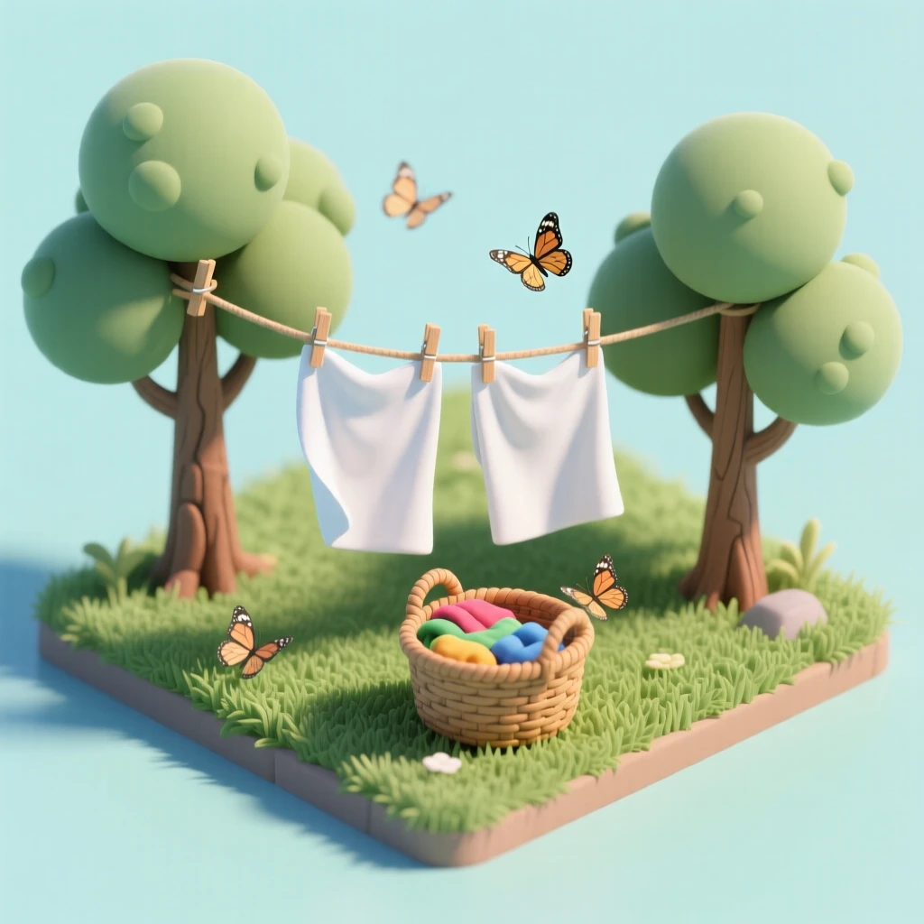 A laundry day scene with sheets billowing on a clothesline strung between two trees, a wicker basket resting in the grass, and butterflies drifting past.