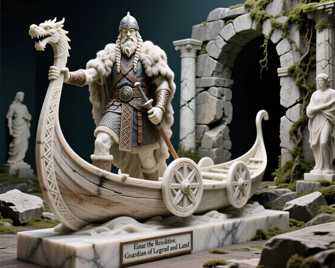A Viking chieftain standing at the prow of his longship, amid ancient ruins reclaimed by nature, radiating power and legend