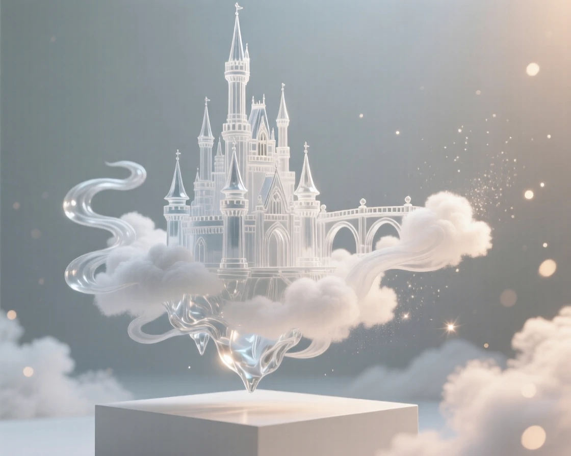 A floating castle among the clouds, bathed in soft magical light with drifting sparkles in the air, epic and awe-inspiring composition, evoking wonder and adventure.