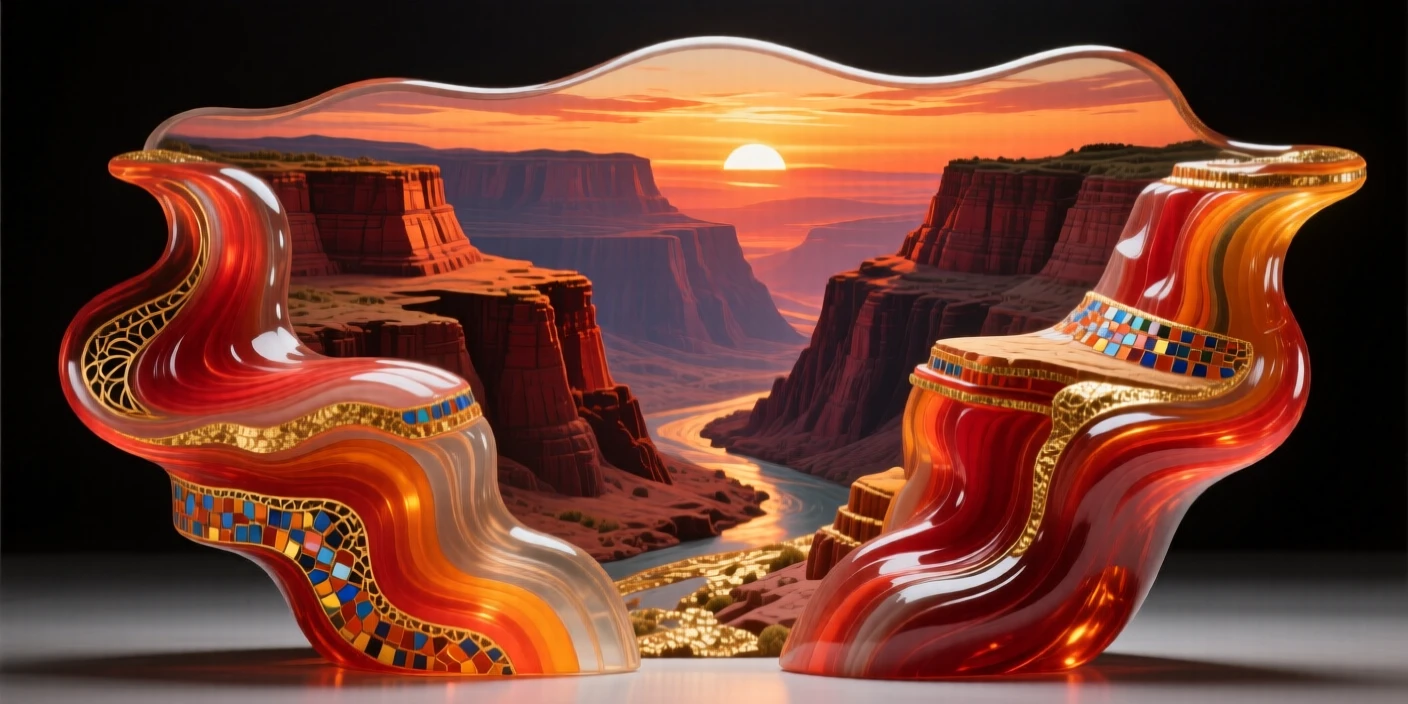 A vast canyon at sunset with layered rock in shades of red and orange, epic and vibrant.
