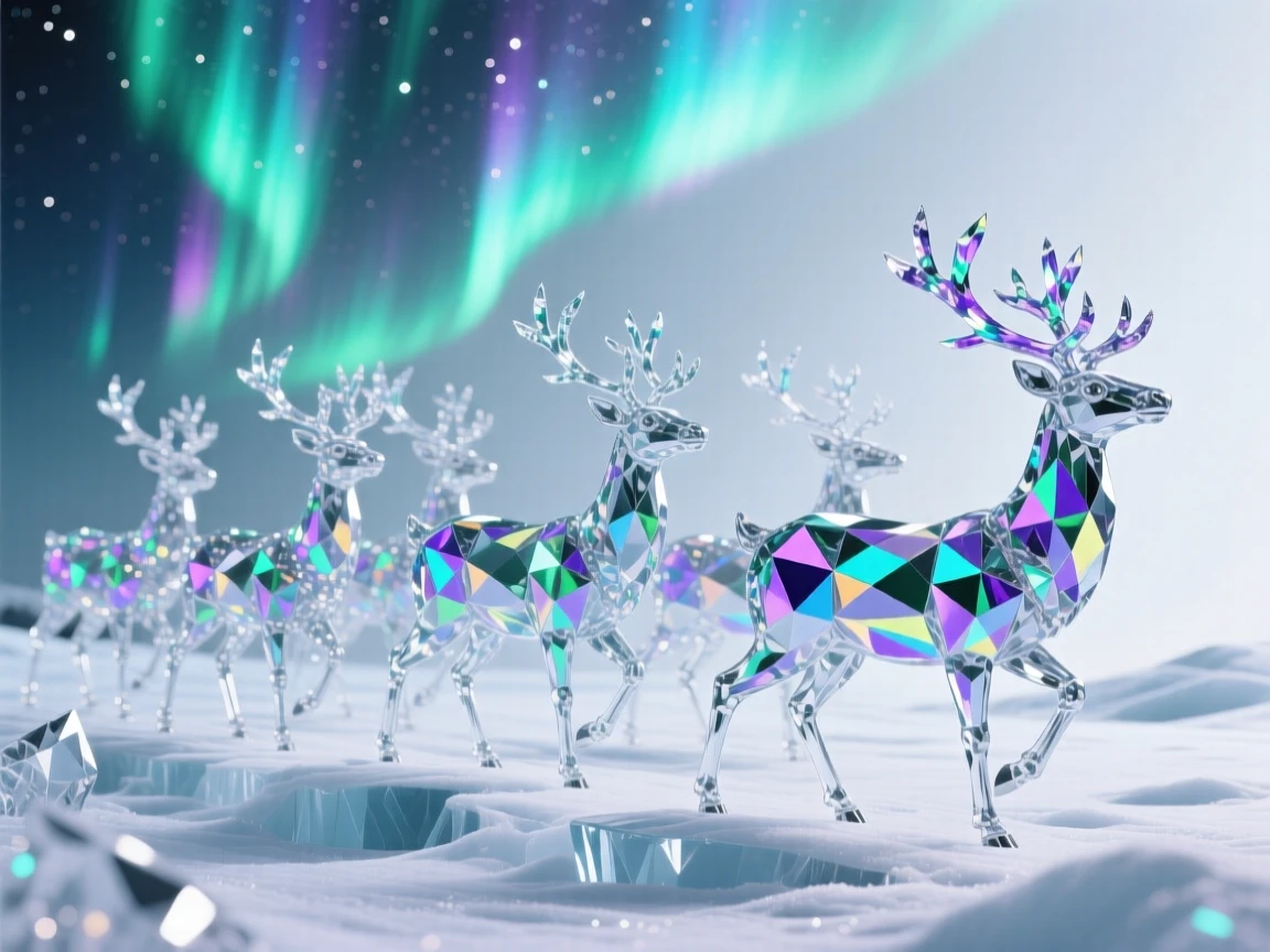 A herd of reindeer crossing a frozen tundra beneath shimmering aurora lights.