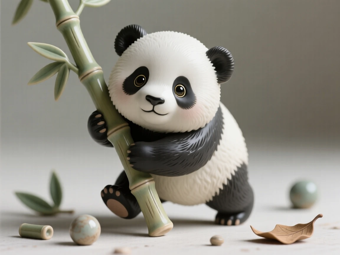 A round-faced baby panda hugging a bamboo stalk caught mid-wobble in a first clumsy step, framed by a scattering of small playful props, evoking pure, heartwarming sweetness.