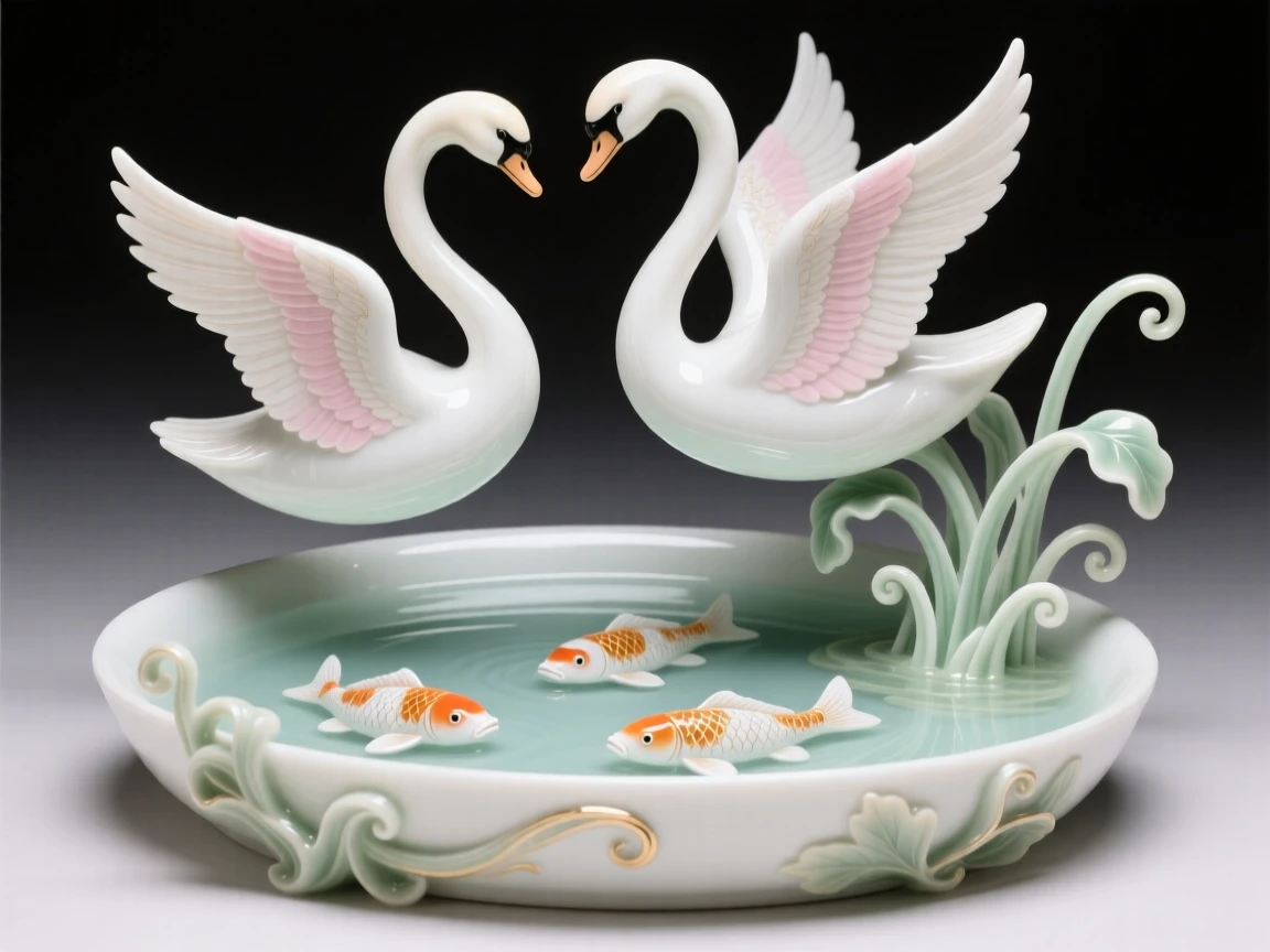 A pair of swans circling gracefully in flight beside an ornamental koi pool.