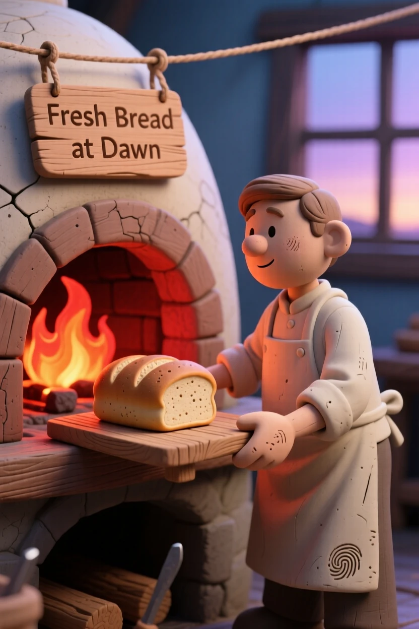 A baker pulling fresh bread from a wood-fired oven at dawn