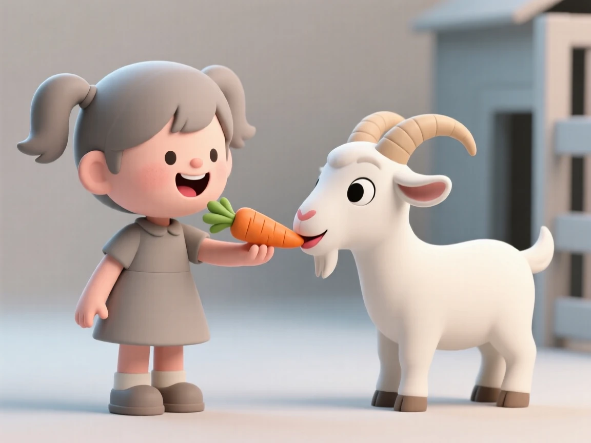 A little girl feeds a carrot to a gentle petting-zoo goat, giggling as its soft lips tickle her palm.
