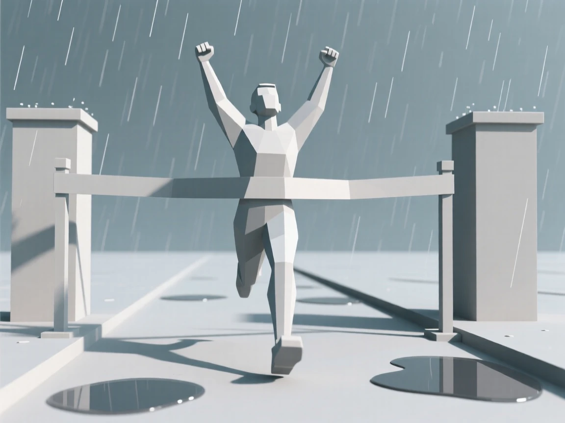 A runner crossing a finish line in triumph, on a quiet rainy afternoon. the composition balances subject and open space. The moment radiates confidence and joy.