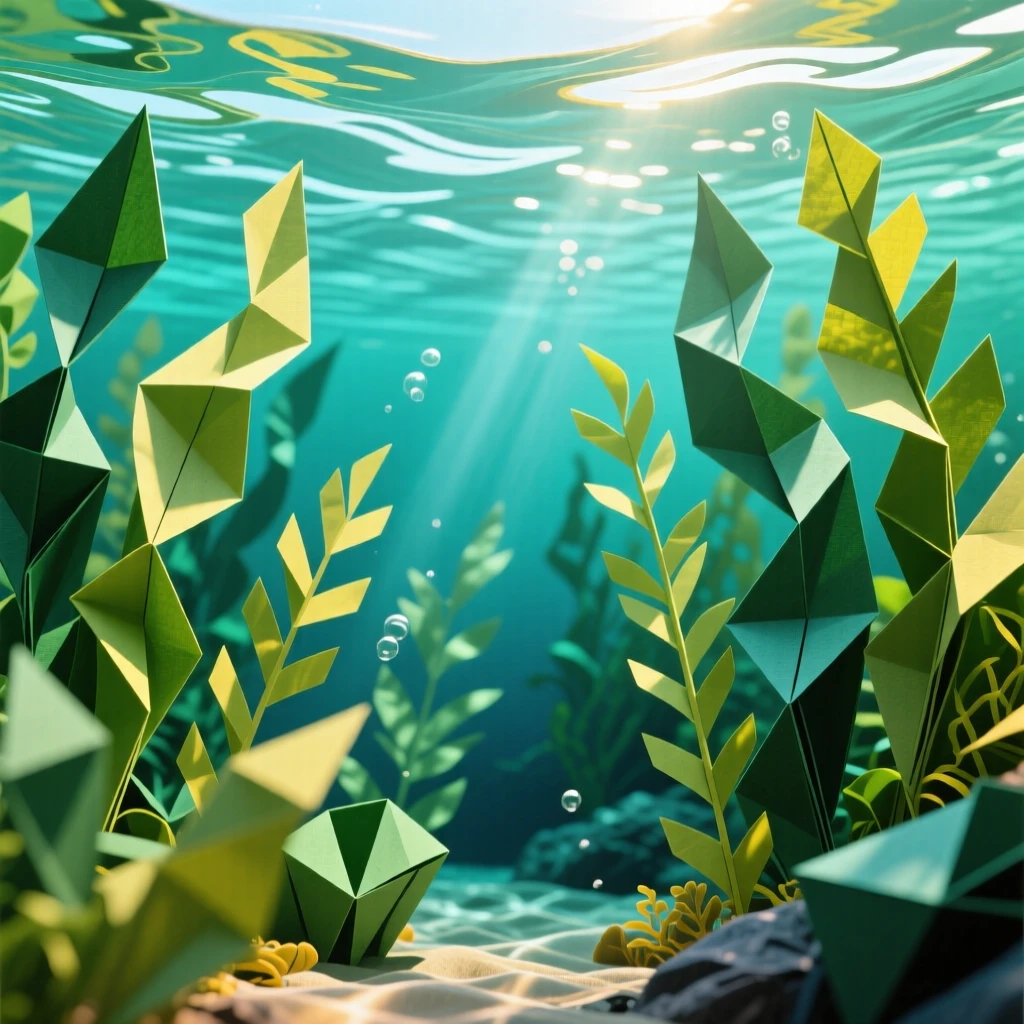 A vibrant kelp forest swaying gently in clear ocean currents, sunlight rippling above.