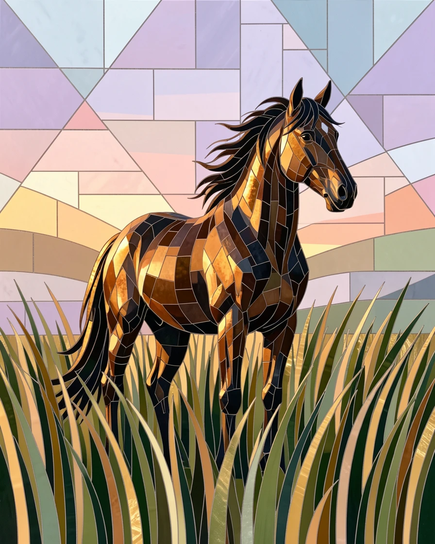 A wild horse standing in a field of tall grass at dawn.