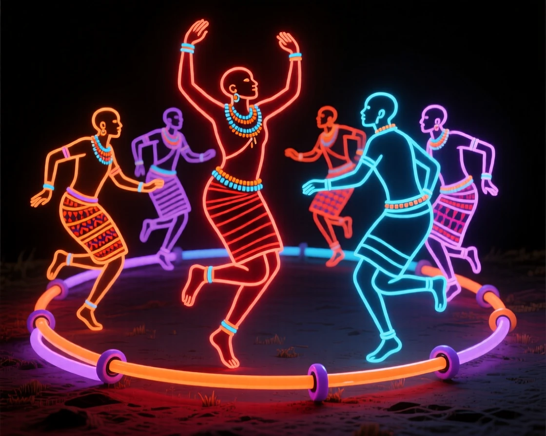 A Maasai gathering with dancers leaping in a circle.