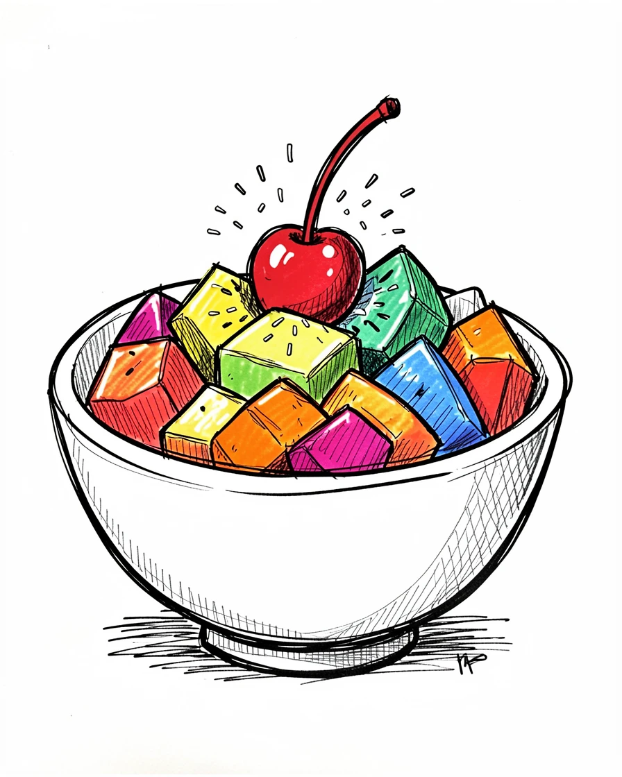 A bowl of rainbow fruit salad topped with a cherry and sprinkles.