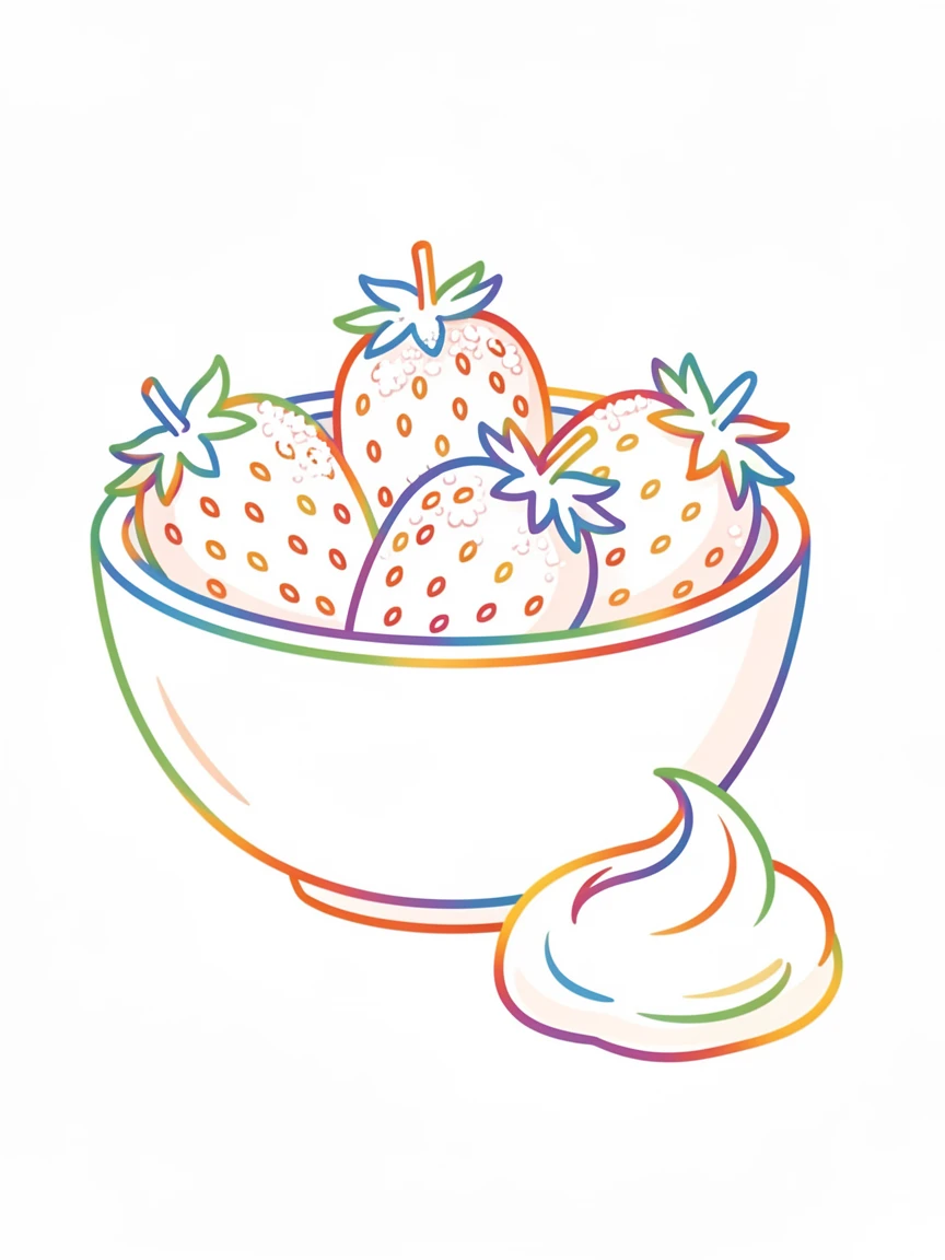 A bowl of fresh strawberries dusted with powdered sugar beside a dollop of cream.