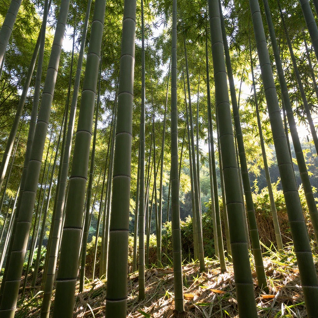 A bamboo forest with sunlight filtering between tall stalks