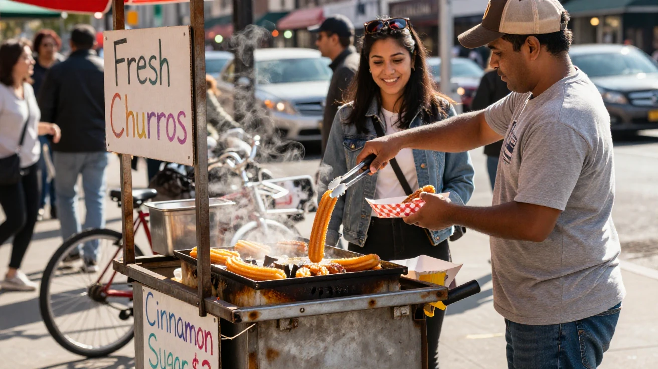 A street cart sizzles with fresh churros dusted in cinnamon sugar.