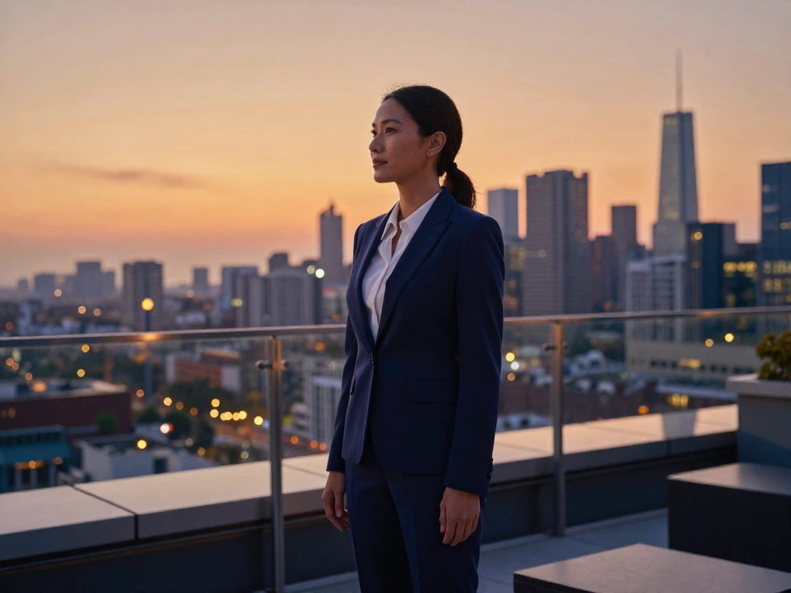 A businesswoman pausing on a rooftop terrace to watch the sunset over the city