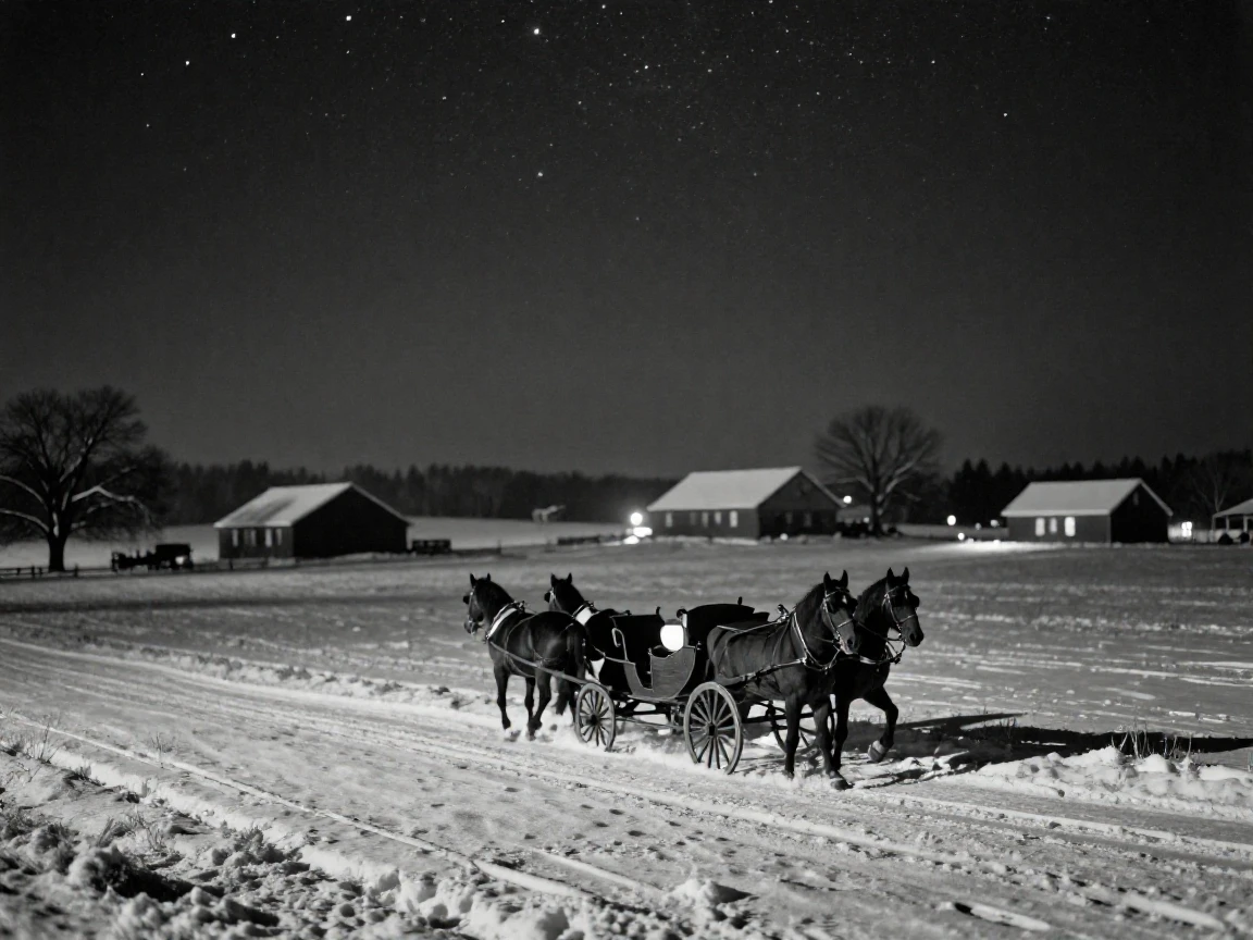 A horse-drawn sleigh gliding across a snow-covered field, under a canopy of stars, in crisp, dry air, in winter, with stark black-and-white contrast softened by a single warm hue, from a slightly elevated vantage point.