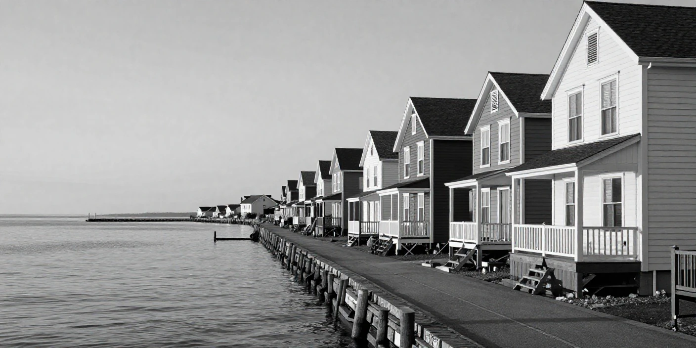 A row of colorful houses lines a quiet seaside promenade beside a wide open harbor.