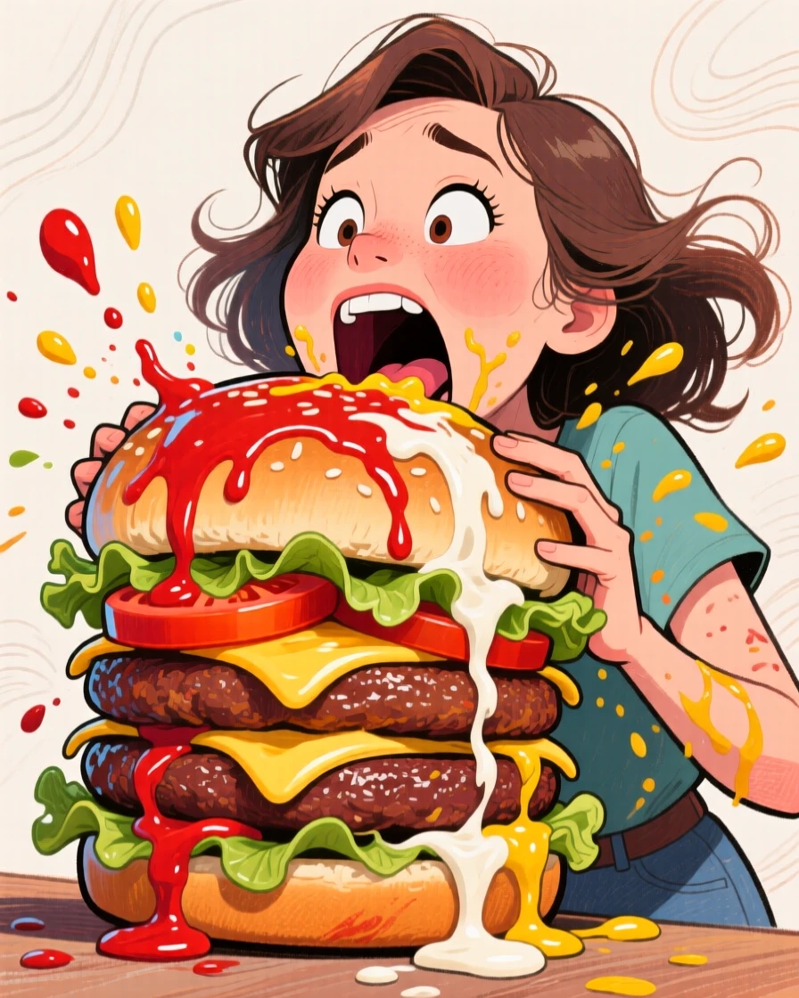 A woman trying to eat a giant burger, sauce dripping everywhere as she takes a huge bite.