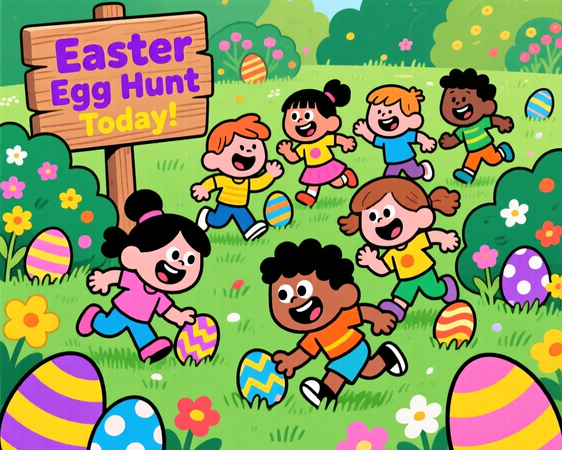 A festive celebration scene of an Easter egg hunt with children scrambling gleefully through a garden full of hidden eggs.