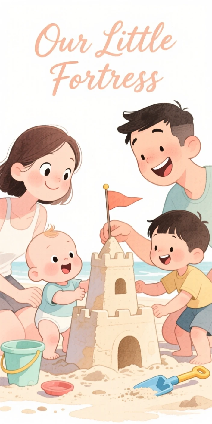 A family with a new baby building a sandcastle at the beach