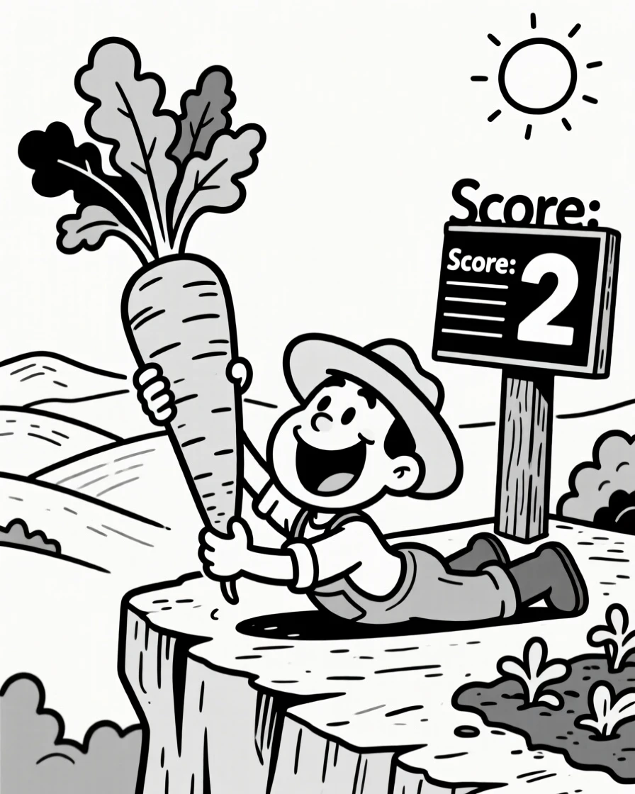 A gardener triumphantly holding a giant vegetable, lying flat on the ground to get the perfect angle, set at the edge of a scenic overlook. A scoreboard nearby shows an embarrassingly low number. There's pure, giddy passion radiating from the scene.