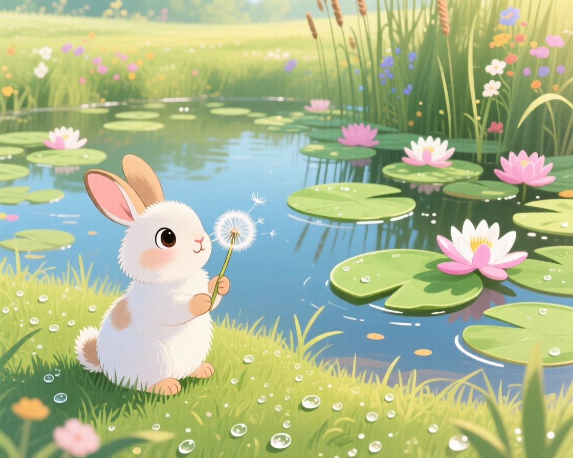 In a lily-covered pond, a curious bunny spends the afternoon making a wish on a dandelion, as morning dew glistens on the grass.