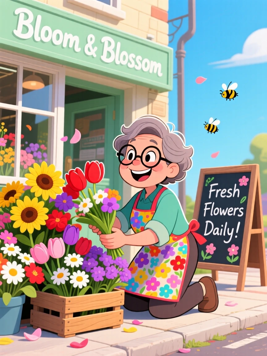 A shopkeeper arranging fresh flowers outside a small store.