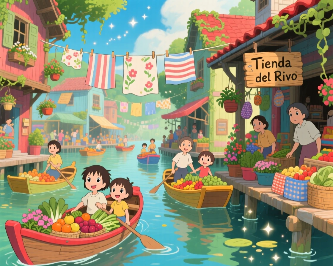 A scenic view of a floating market bustling with colorful wooden boats, with laundry strung between colorful buildings.