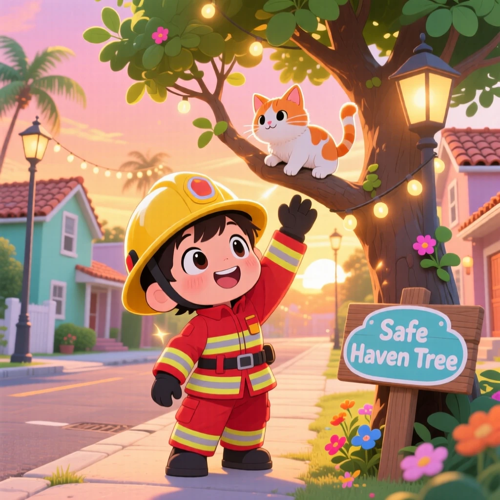 Dynamic diagonal composition: a brave firefighter kid, rescuing a kitten from a low tree branch, set against a quiet suburban street on a warm tropical afternoon, with glowing string lights and a mood of triumphant pride.