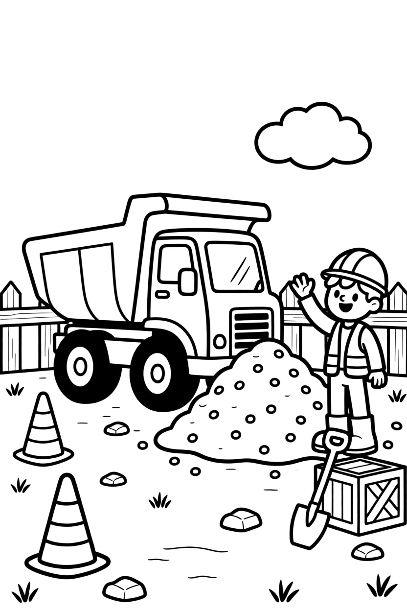 A dump truck unloading a pile of sand at a construction site