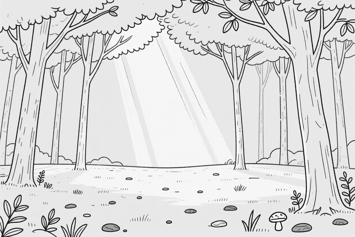 A forest clearing with sunbeams breaking through the canopy