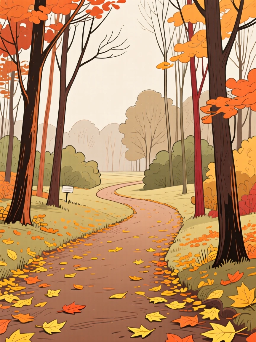 A quiet forest path covered in autumn leaves.