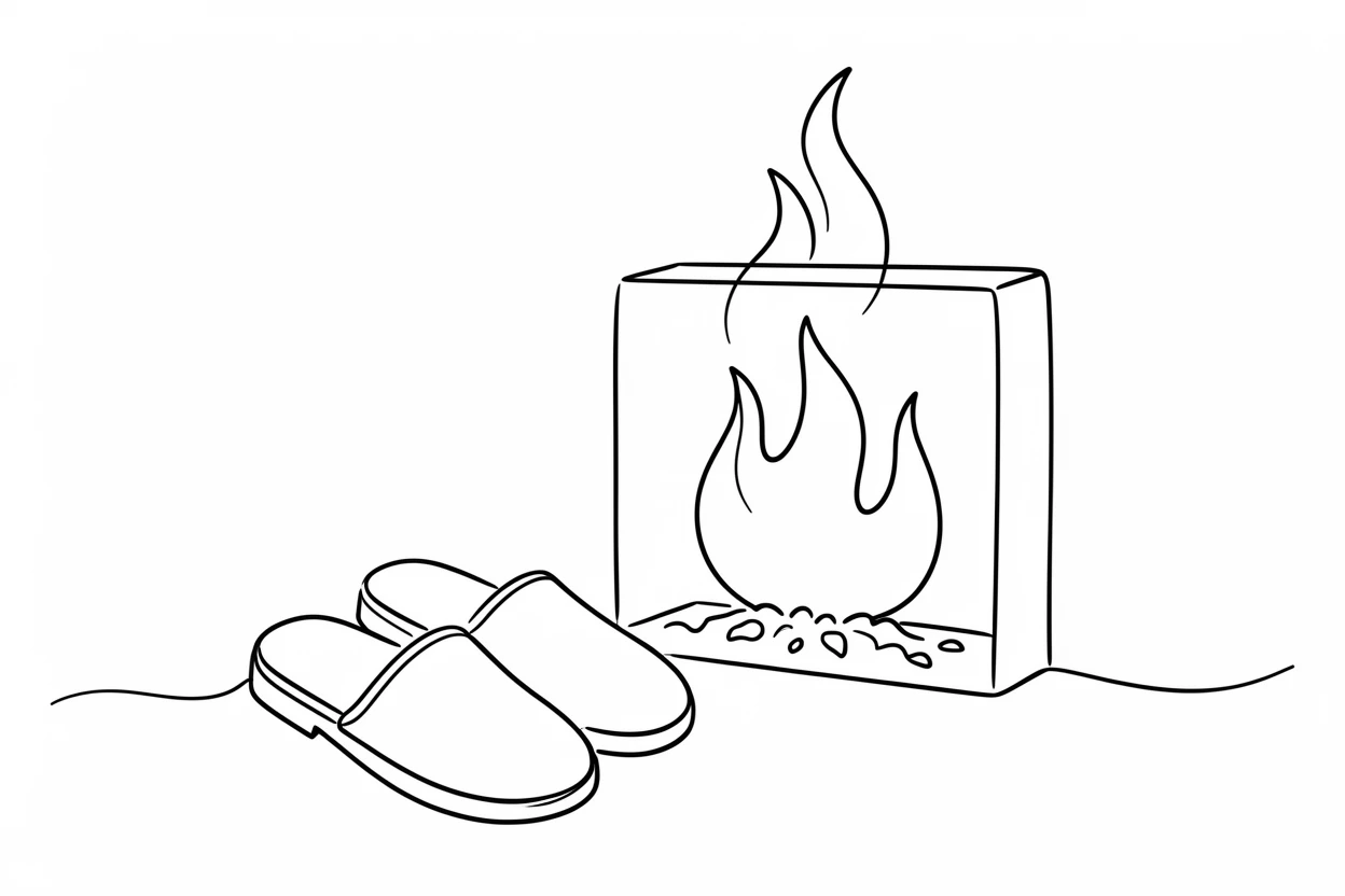 A pair of slippers resting beside a crackling fireplace on a winter evening