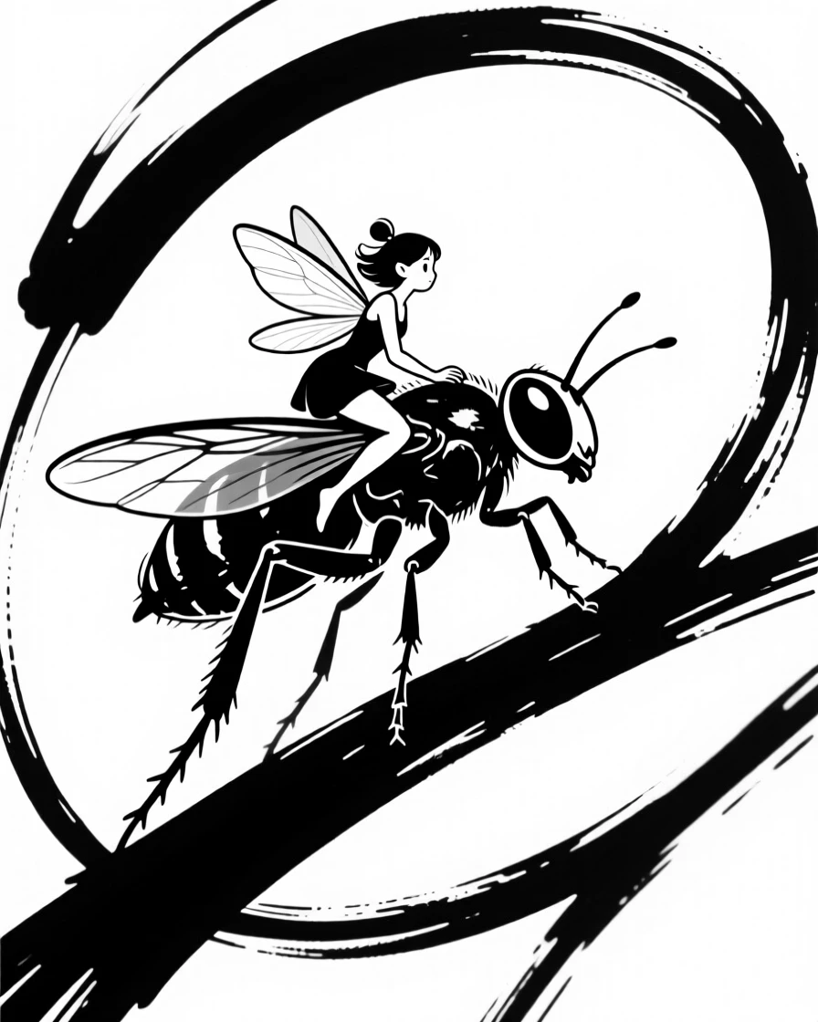 A tiny fairy character riding on the back of a firefly.