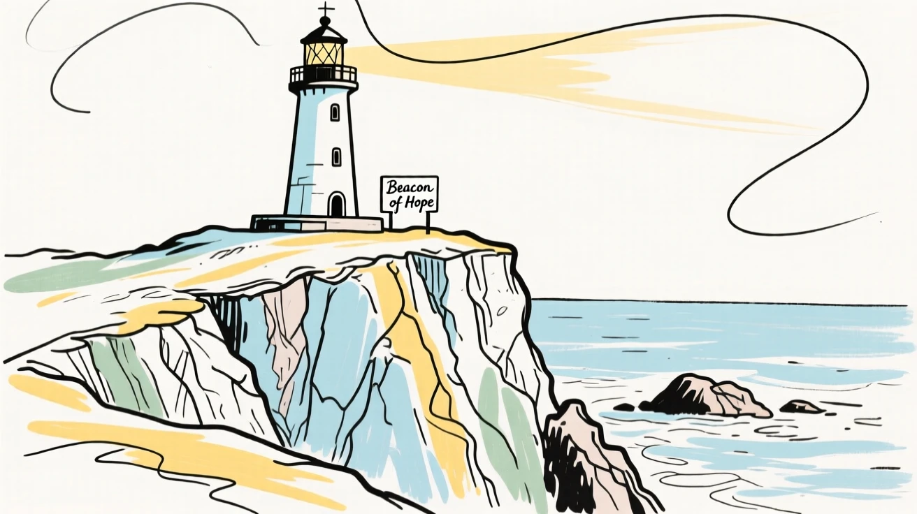 A rugged coastline with a lighthouse standing atop a rocky cliff.