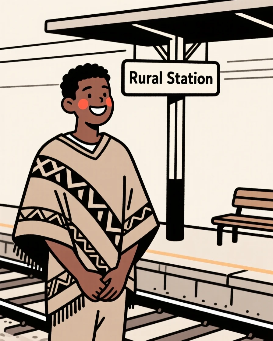A young man of Nigerian heritage wearing a Peruvian woven poncho, beaming with pride, at a rural train station.