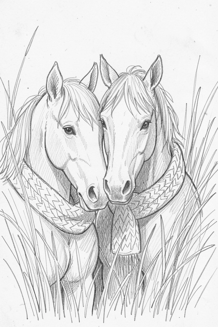 An adorable close-up of a pair of nuzzling horses peeking out from tall autumn grass, wrapped loosely in a knitted scarf.