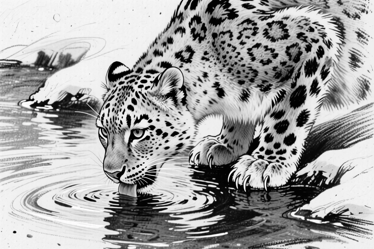 A snow leopard drinking from a crystal-clear stream.