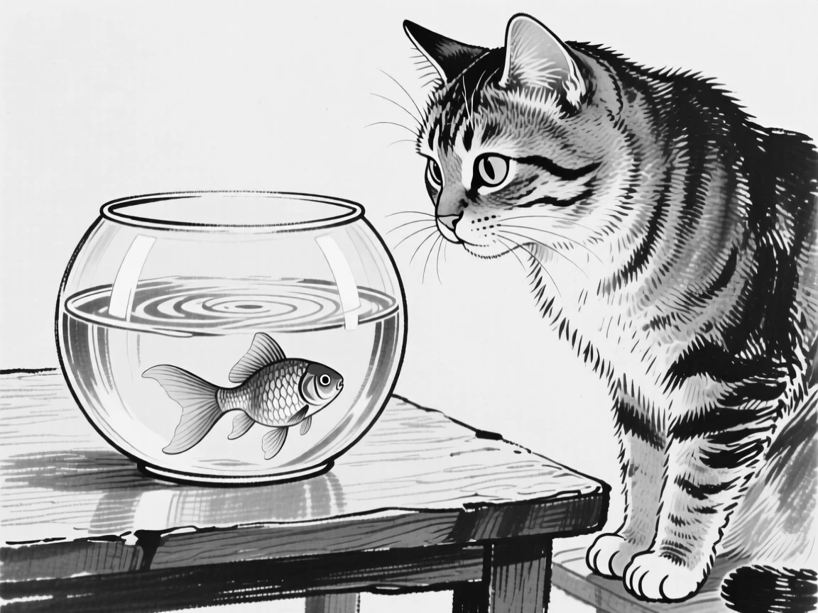 A cat curiously watching a goldfish swim in a glass bowl.