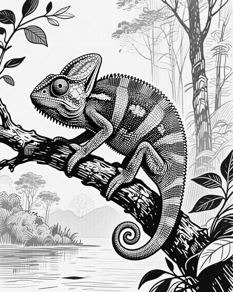 A chameleon on a branch at the edge of a quiet forest, eyes alert and watchful, capturing a calm and dignified moment in nature with a strong, centered focal point.