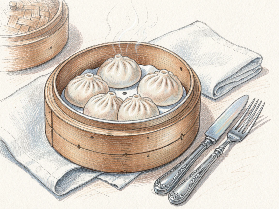 A plate of dumplings steaming in a bamboo basket, with a linen napkin and vintage cutlery nearby, evoking comfort, warmth, and the simple pleasure of good food.