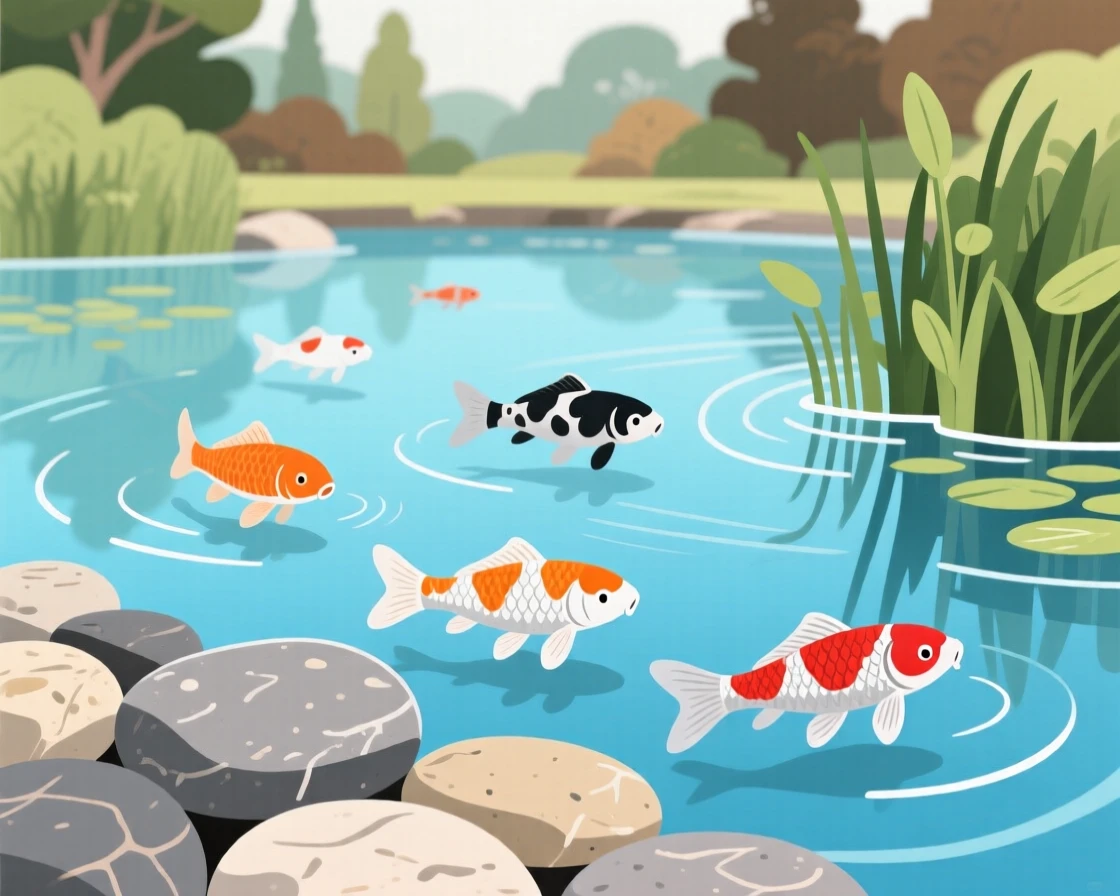 A tranquil koi pond surrounded by smooth river stones, with gentle wind rippling across the landscape, arranged with a clear foreground, midground, and background, with a fresh, crisp clarity that highlights every detail.