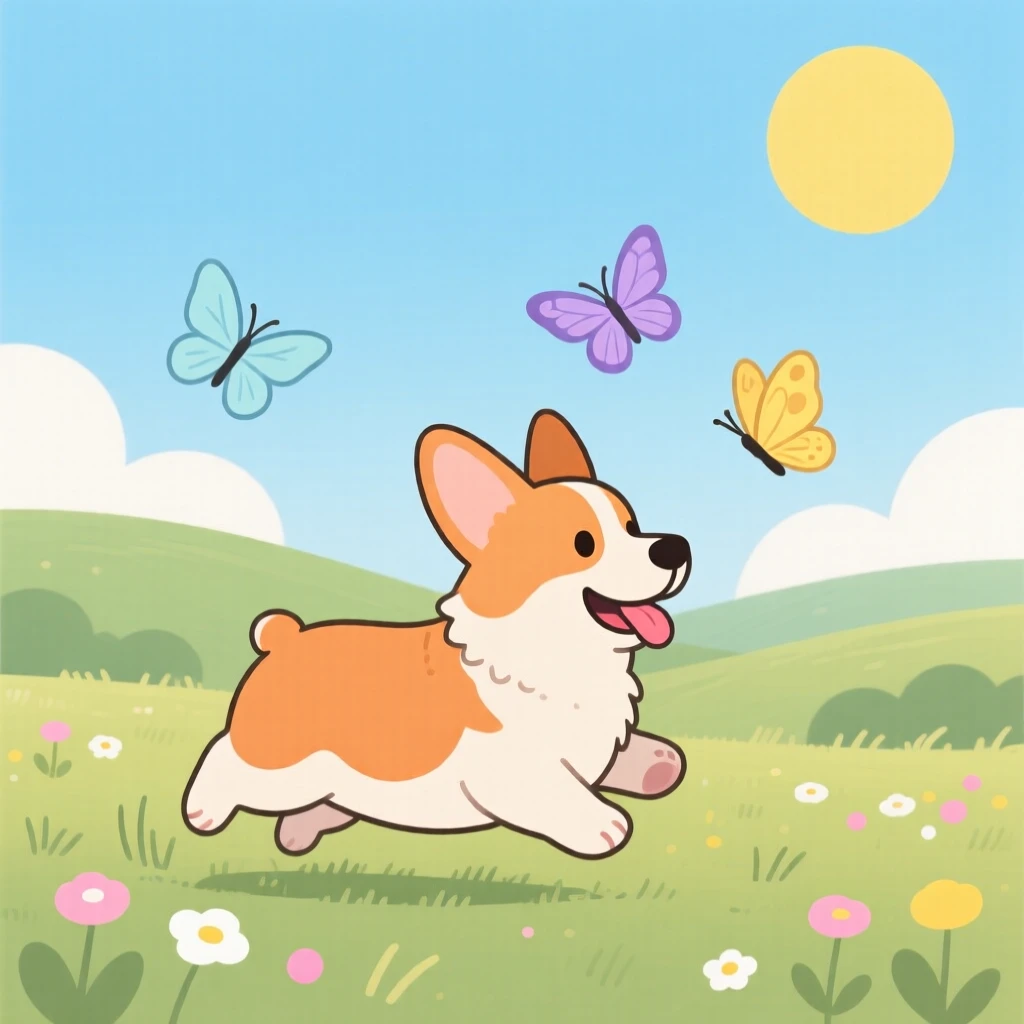 A playful corgi puppy chasing butterflies in a sunny meadow.