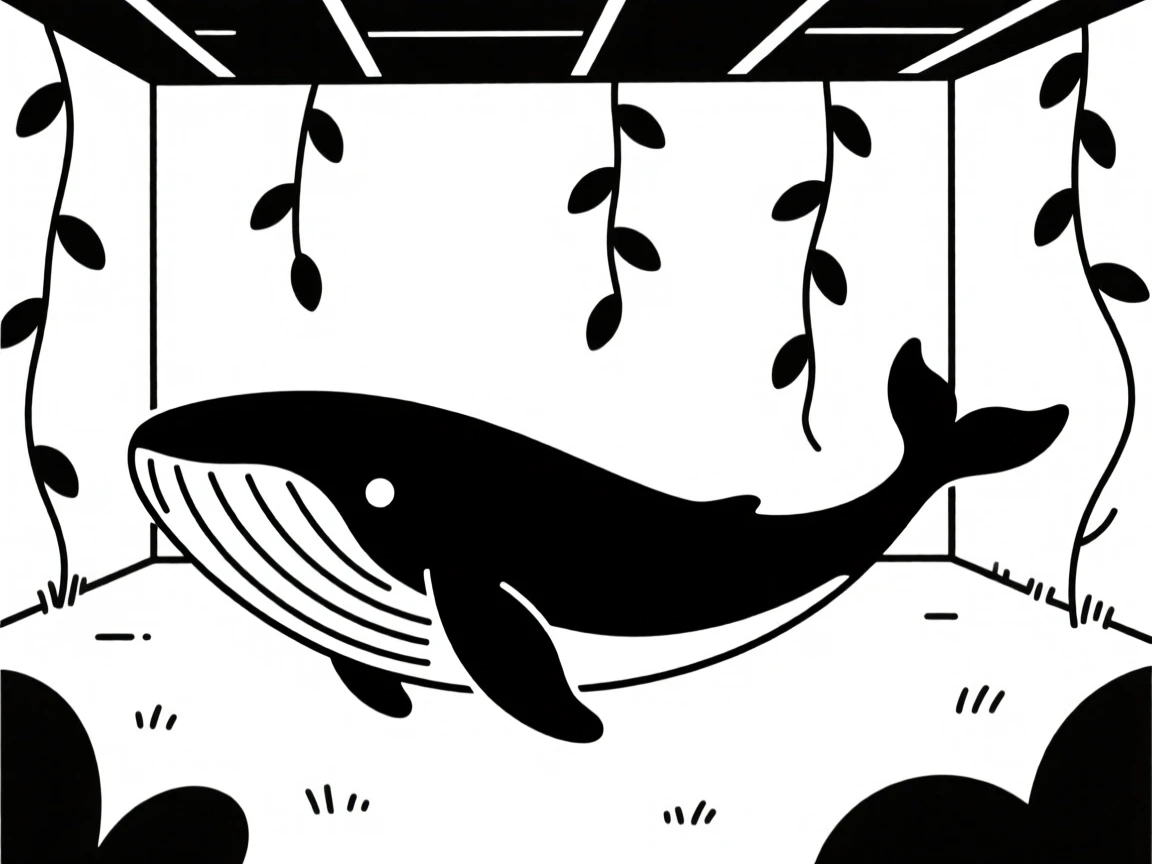 A curious humpback whale pausing in a quiet backyard garden, with hanging vines in the background, radiating protective warmth.