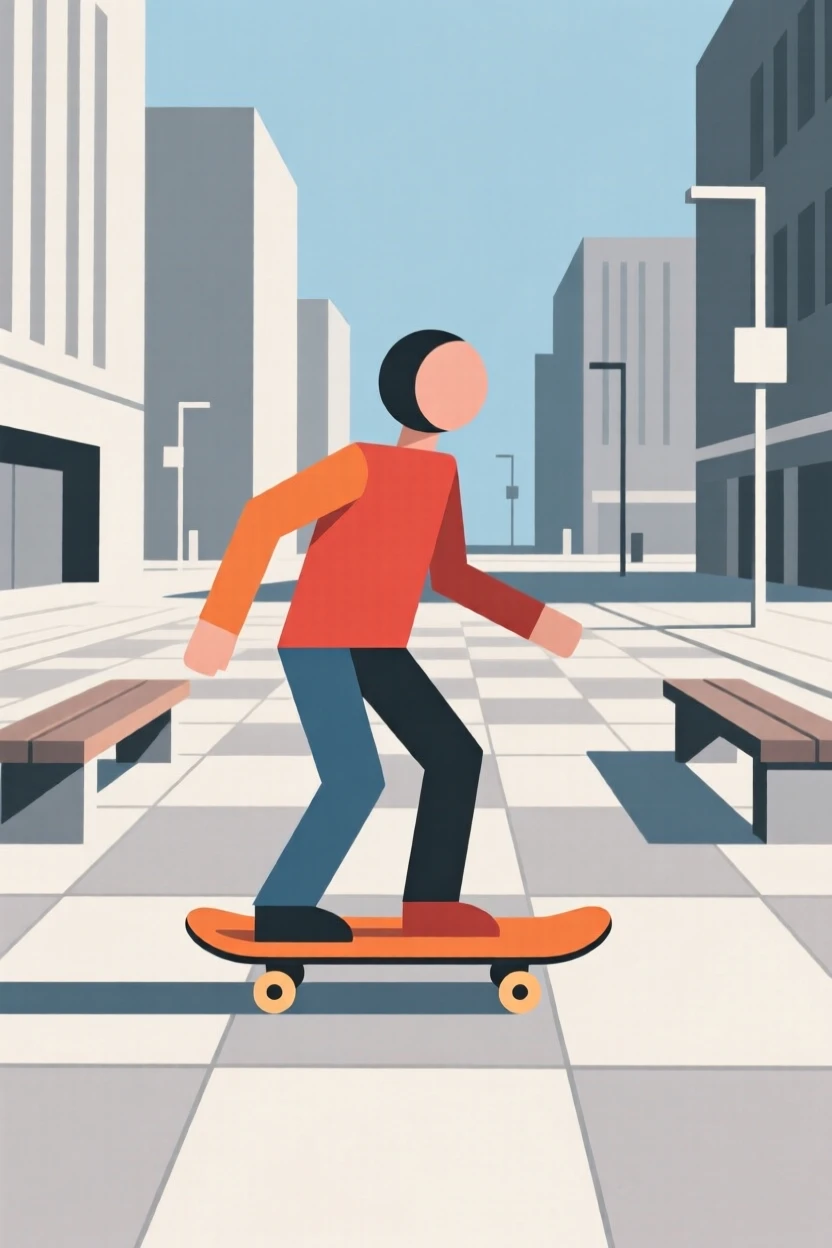 A person skateboarding through an urban plaza