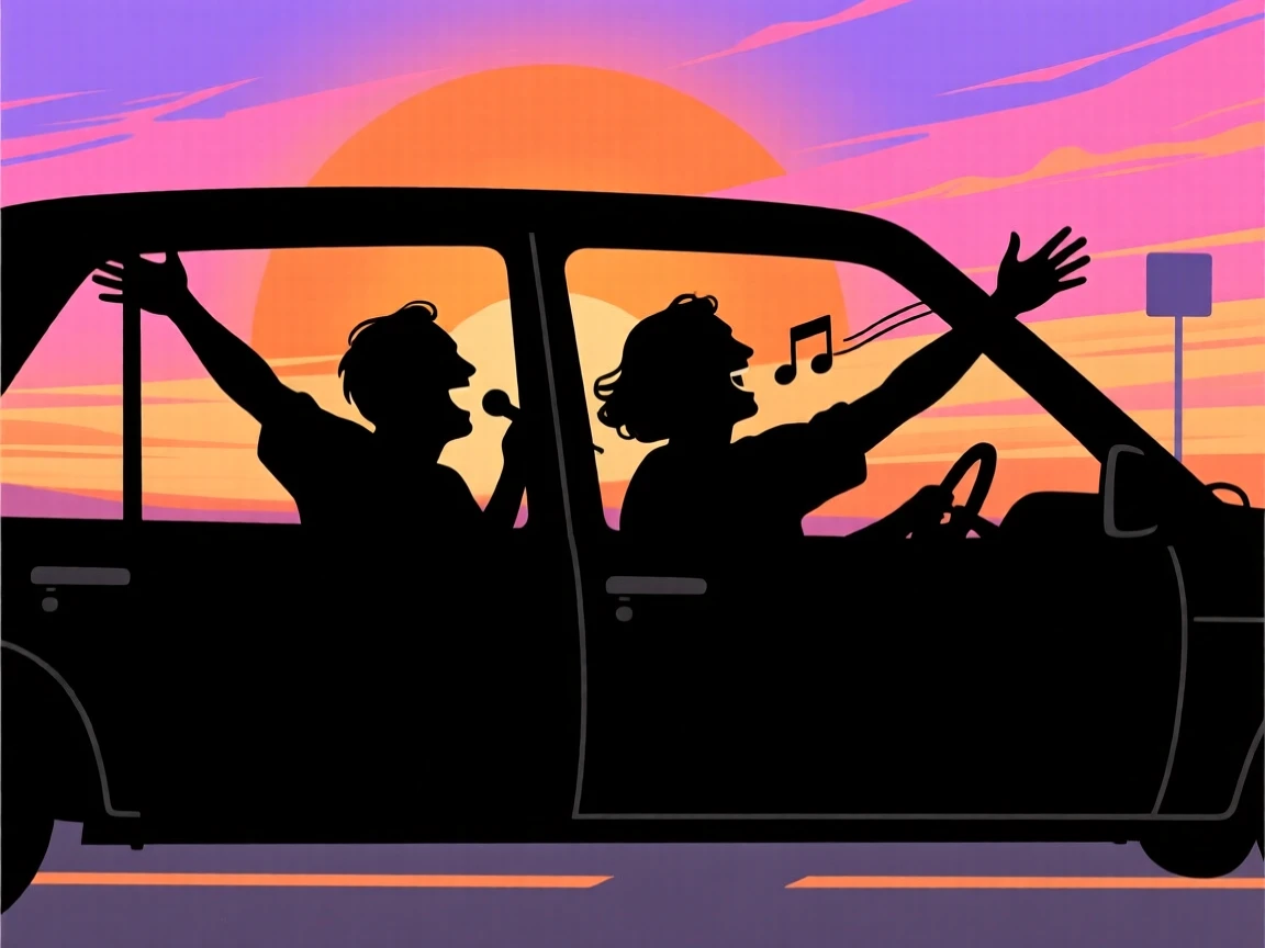 Two lifelong friends on a road trip, arms out the car windows as they sing along to music.