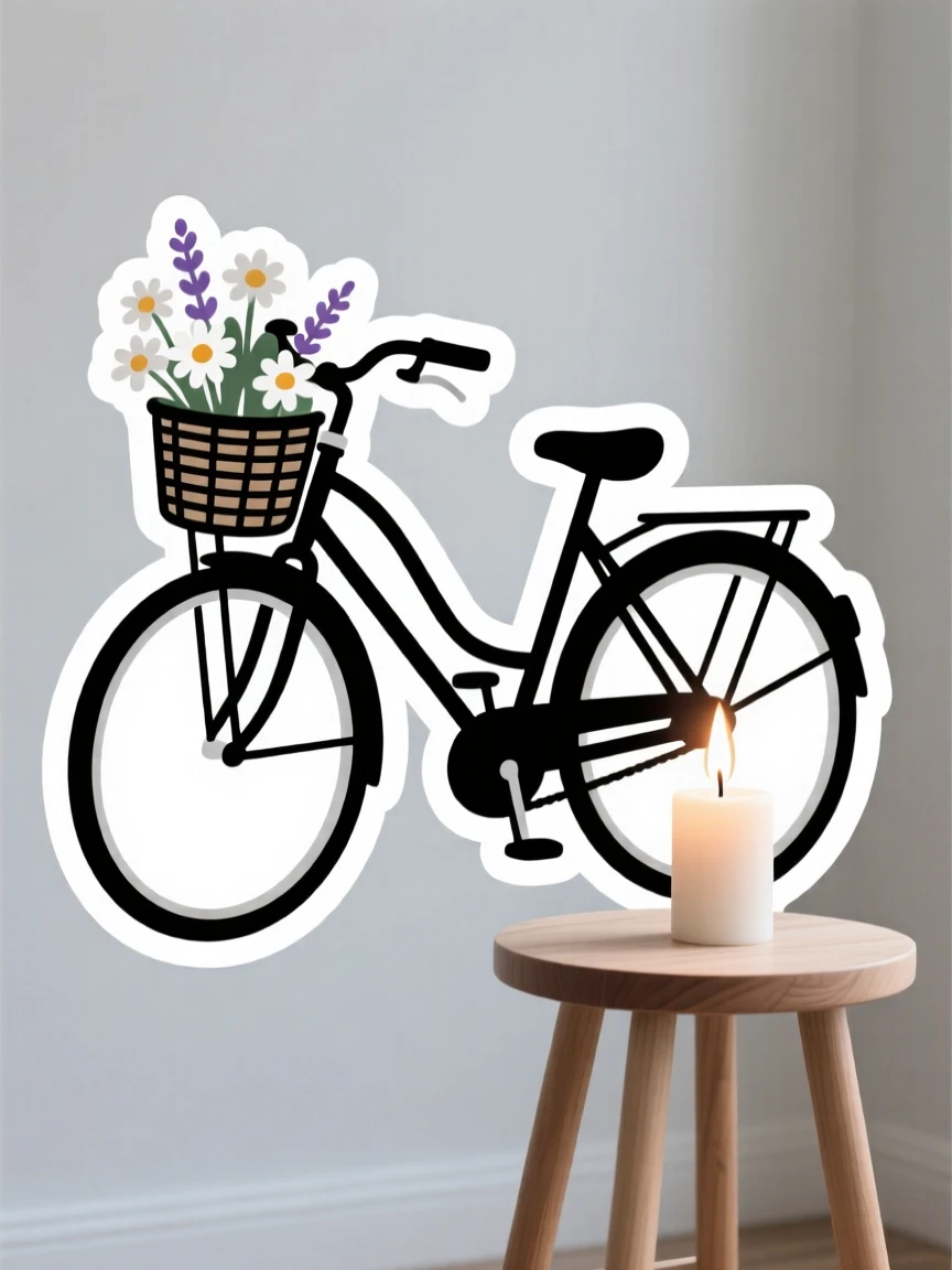 A quietly beautiful bicycle with a flower basket, placed next to a lit candle, in a minimalist Scandinavian-style room.