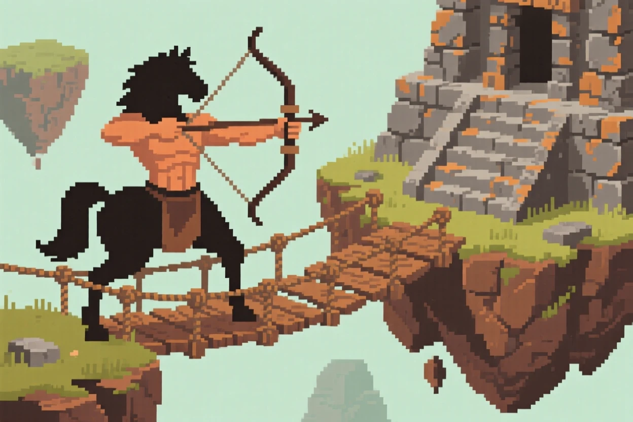 A centaur archer crossing a rope bridge between floating islands, on the steps of an old stone temple.