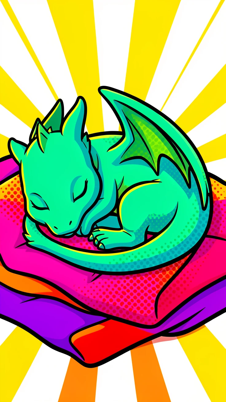 A baby dragon curled asleep on a pile of soft blankets