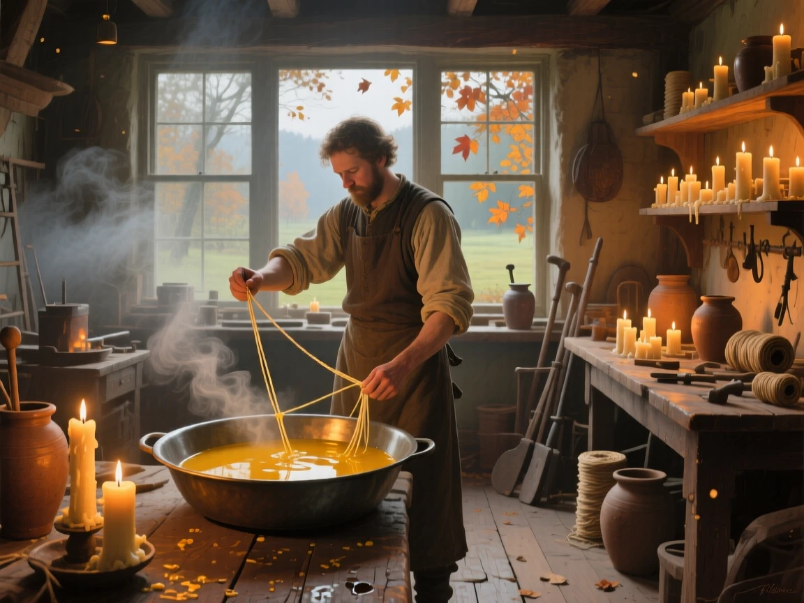 A panoramic view of a candlemaker dipping wicks in a warm workshop, at the start of a humid summer, amid swirling autumn wind.
